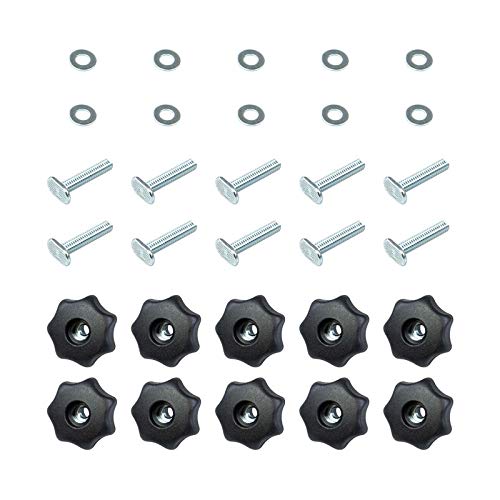 POWERTEC 71481 T-Track Knob Kit w/ 7 Star Threaded 1/4-20 Knobs, T-Bolts and Washers for Woodworking Jigs and Fixtures – 10 Pack