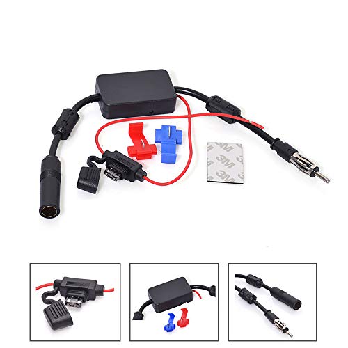 Bingfu Universal Car Stereo FM Radio Antenna Signal Booster Amplifier Amp,12V Power Supply DIN Plug Connector Adapter for Vehicle Truck SUV Car Audio Radio Stereo Media Head Unit Receiver