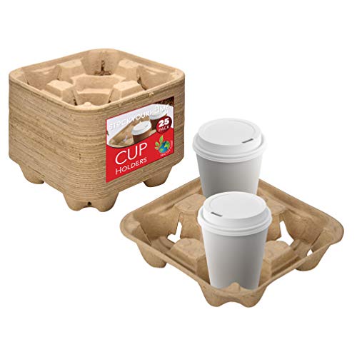 4 Cup Disposable Coffee Tray (25 Count) - Biodegradable and Compostable Cup Holder - Durable Drink Carrier for Hot or Cold Drinks - To Go Coffee Cup Holder for Food Delivery Service, Uber Eats