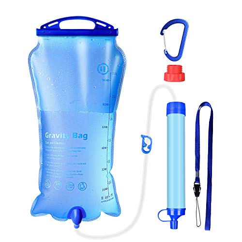 WakiWaki Gravity Water Filter Straw, 3 Stage 1 Gallon Gravity-Fed Water Purification Filtration System, Portable Survival Camping Gear Equipment for Camping and Emergency Preparedness BPA Free