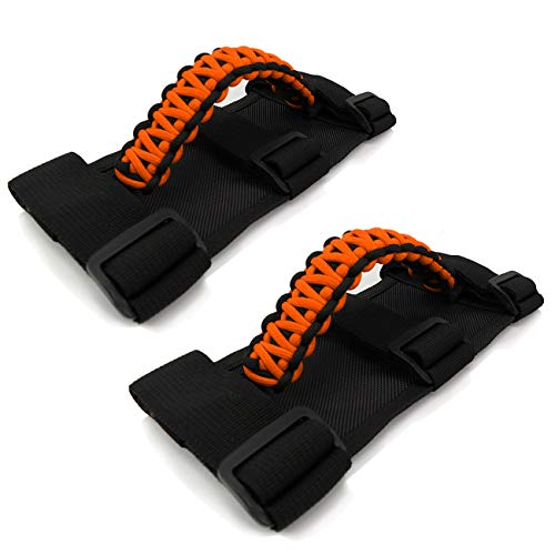 for Jeep Grab Handles 2 Pieces, Roll Bar Paracord Grab Handles for Jeep Wrangler YJ CJ TJ JK JKU JL JLU Red Jeep Grip Handles with 3 Straps and Woven Handle(Orange)