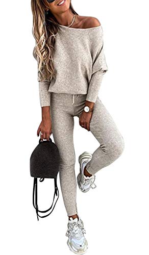 PRETTYGARDEN Women’s Casual Two Piece Outfit Long Sleeve Off Shoulder Tops with Leggings Active Tracksuit Solid Lounge Wear (Apricot, Small)