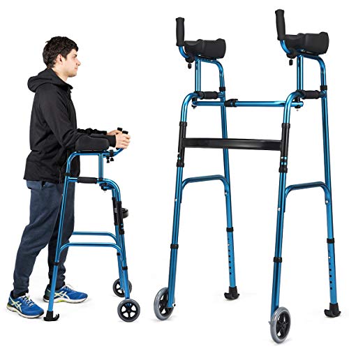 Goplus Foldable Standard Walker, Lightweight Aluminum Alloy Wheel Rehabilitation Auxiliary Walking Frame with Arm Rest Pad and Wheels, Height Adjustable Elderly Walking Mobility Aid (Blue + Black)