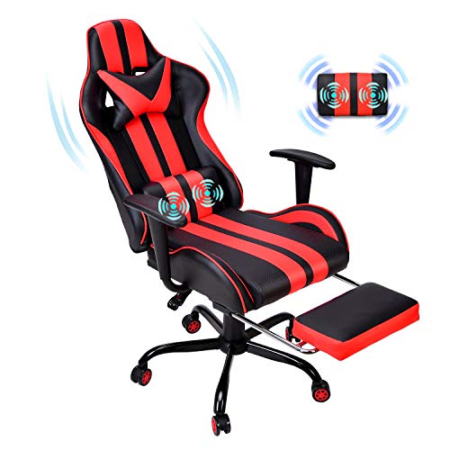 Massage Gaming Chair,Large Size Ergonomic Racing Style PC Game Computer Chair with Headrest Lumbar Support Footrest Adjustable Recliner PU Leather Video Computer Chair(Tango Red)