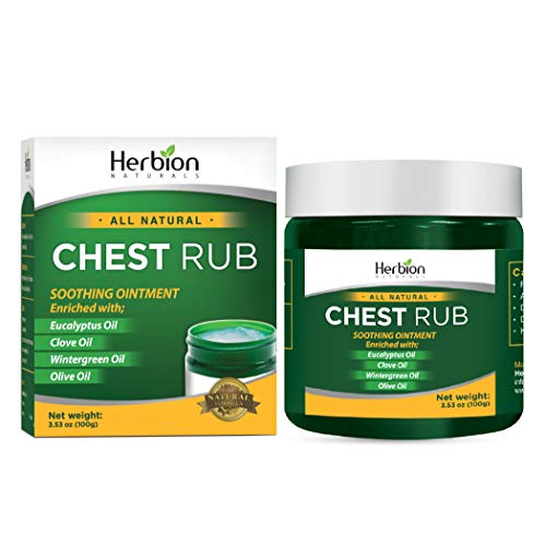 Herbion Naturals Chest Rub, 3.53 oz – Natural Ointment with soothing vapors which gently comfort adults & children. Olive oil, Eucalyptus oil, Clove oil, Wintergreen oil, Beeswax & Vitamin E.