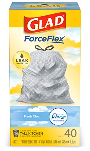 Glad ForceFlex Tall Kitchen Drawstring Trash Bags, Fresh Clean, 13 Gal, 40 Ct (Package May Vary)