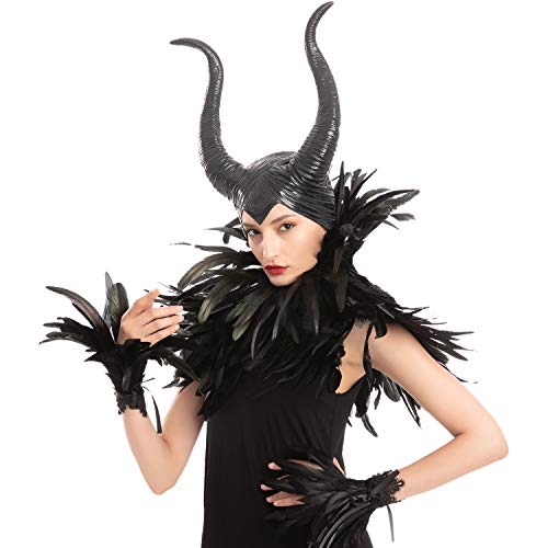 Black Evil Queen Accessories Set with Maleficent Horn, Feather Shawl and Feather Cuff for Halloween Cosplay Party Gothic Crow Costume Dress Up