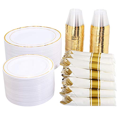 350 Pieces Gold Plastic Plates with Disposable Silverware and Cups, Include: 50 Dinner Plates 10.25”, 50 Dessert Plates 7.5”, 50 Gold Rim Cups 9 OZ, 50 Per Rolled Napkins with Gold Cutlery