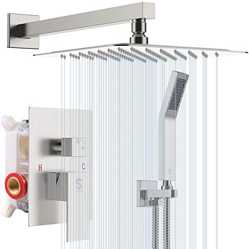 SR SUN RISE 12 Inches Bathroom Luxury Rain Mixer Shower Combo Set Wall Mounted Rainfall Shower Head System Brushed Nickel Finish Shower Faucet Rough-In Valve Body and Trim Included