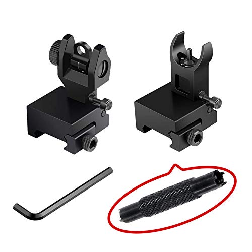 Bugleman Flip Up Iron Sight Includes Dual Front Sight Adjustment Tool Front Rear Sight Compatible for Picatinny Rail and Weaver Rail Black Foldable Iron Tactical Sights Mil Spec 1/2 MOA Elevation