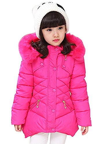 Girls Winter Coats Down Jacket Hooded Snowsuit Puffer Parka Overcoat Outerwear with Fur Hood (Rose, 5-6 Years)