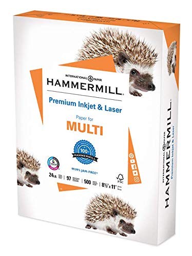 Hammermill Premium Inkjet & Laser Multipurpose Copy Paper, 24lb Copy Paper, 8.5 x 11, 1 Ream, 500 Total Sheets, Made in USA, Sustainably Sourced From American Family Tree Farms, 97 Bright, Acid Free, 166140R, White
