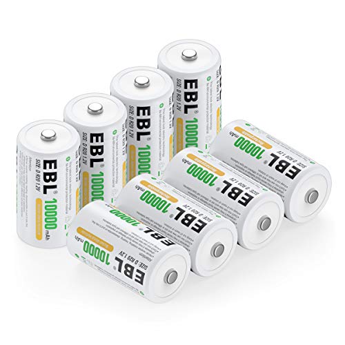 EBL Pack of 8 10000mAh Ni-MH D Cells Rechargeable Batteries, Battery Case Included