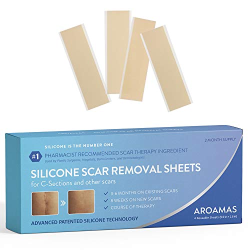 Aroamas Professional Silicone Scar Removal Sheets for Scars Caused by C-Section, Surgery, Burn, Keloid, Acne, and more, Soft Adhesive Fabric Strips, Drug-Free, 5.7'×1.57”, 4 Reusable pcs (2 Month Supp