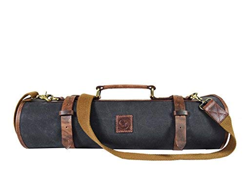 Leather Knife Roll Storage Bag, Elastic and Expandable 10 Pockets, Adjustable/Detachable Shoulder Strap, Travel-Friendly Chef Knife Case Roll By Aaron Leather (Fossil Grey, Canvas)