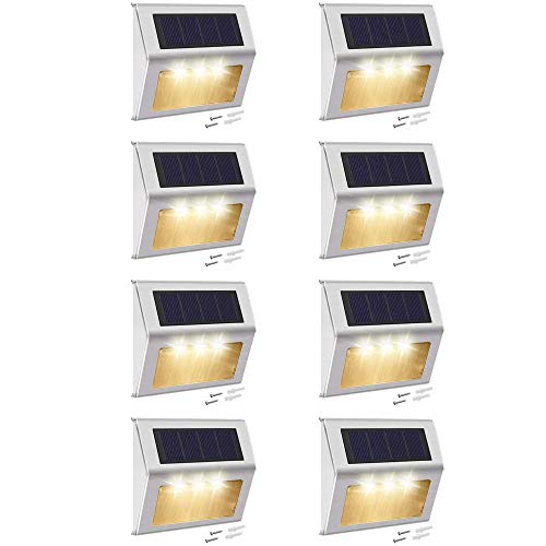 Solar Step Lights with Larger Battery Capacity JACKYLED 8-Pack Stainless Steel 3 LED Solar Powered Deck Lights Weatherproof 3000K Warm Light Outdoor Lighting for Steps Stairs Paths Patio Decks