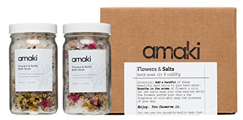 Amaki Herbal Bath Soak Blend of Epsom and Dead Sea Salt Infused with Lavender Essential Oil - For Stress Relief, Reduce Sore Muscle, Skin Soothing - Luxury Gift Set of 2, 8 ounces Jars