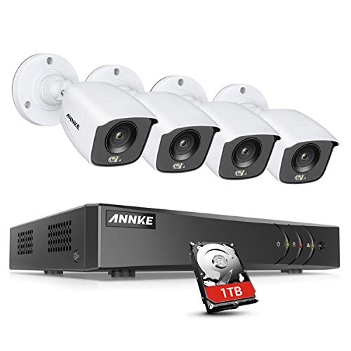 ANNKE 8CH 1080p Full Color Night Vision CCTV Camera System, H.265+ 5MP Surveillance DVR and 4pcs HD 1080p Security Cameras System for Home & Outdoor with Smart Array LED, 1 TB Hard Drive—FC200