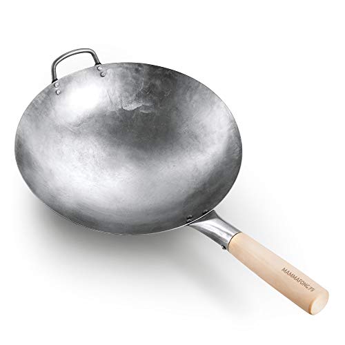 Round Bottom 14-inch Traditional Carbon Steel Wok Pan - Authentic Hand Hammered Woks and Stir Fry Pans - Pow Wok with no chemical coating by Mammafong