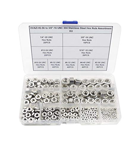 HVAZI #2-56 to 3/8'-16 UNC 304 Stainless Steel Hex Nuts Assortment Kit
