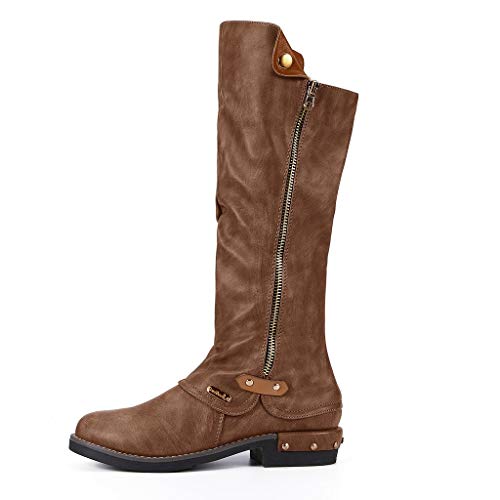 GHrcvdhw Winter Stylish Western Retro Style Cowboy Zip Knight Boots Casual College Solid Color High Tube Women Boots (Brown, 36)