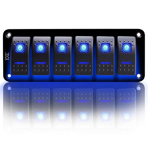 FXC Rocker Switch Aluminum Panel 6 Gang Toggle Switches Dash 5 Pin ON/Off 2 LED Backlit for Boat Car Marine Blue