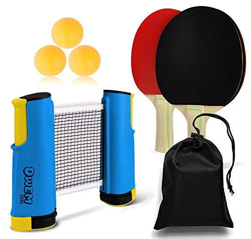OWEMTECH Portable Ping Pong Paddle Set,Table Tennis Set, with Retractable Net Post(2 Paddles,3 ABS Balls,1 Polyester Storage Bag),Leisure Games