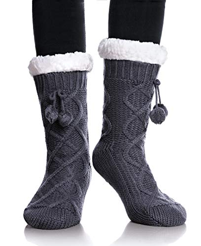 YEBING Women's Diamond Cable Knit Super Soft Warm Cozy Fuzzy Fleece-lined Winter Slipper Socks (Gray)