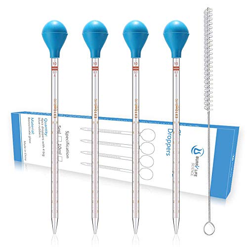 10ML Glass Graduated Droppers Pipettes Dropping Pipettes Fluid and Liquid Pipettors with Big Rubber Caps 4 Pcs