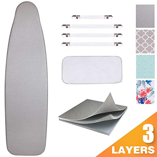 SUNKLOOF Silicone Coating Ironing Board Cover and Pad Resists Scorching and Staining Ironing Board Cover with Elasticized Edges and Pad 15'x54' 4 Fasteners and 1 Large Protective Scorch Mesh Cloth