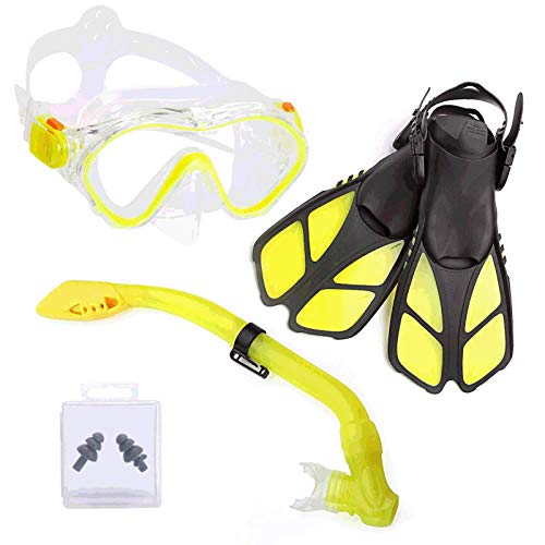 Ertong Children Snorkel Set Kids Scuba Diving Equipment Packages Including Adjustable Swimming Fins/Flippers + Automatic Breathing Tube + Tempered Glass Lens Snorkeling Mask (Yellow)