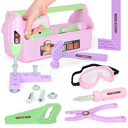 EP EXERCISE N PLAY 18 Pieces Kids Tool Set Pretend Play Construction Tool Accessories with a Tool Box Including Toy Electric Drill (Pink)
