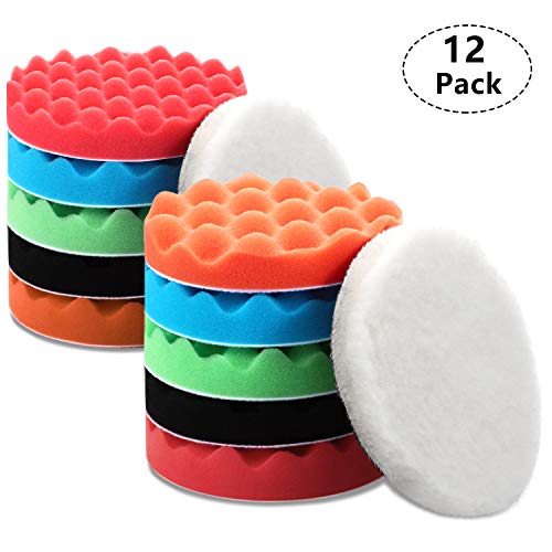 12 Pieces Waffle Foam and Wool Polishing Pads Set, 10 Pieces Waffle Foam Buffing Pads, 2 Pieces Wool Grip Pads for Car Polisher Boat Polishing