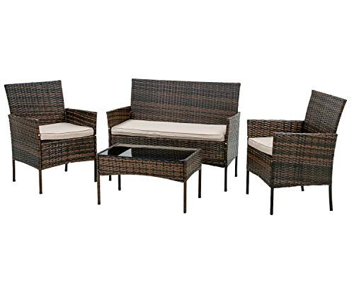 FDW Patio Furniture Set 4 Pieces Outdoor Rattan Chair Wicker Sofa Garden Conversation Bistro Sets for Yard (Brown)