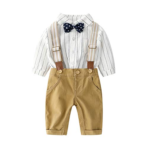Baby Boys Gentleman Outfit Suits Set,Infant Striped Top+ Yellow Pant+Bow Tie Overalls Clothes Set,2-3Y