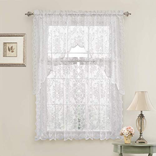 GoodGram Lena Floral Lace Complete 3 Pc. Cottage Kitchen Curtain Tier & Swag Valance Set - Assorted Colors (White)