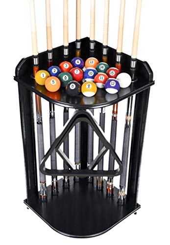 Pool Cue Rack Only- Billiard Stick Stand Holds 8 Cues & Ball Set Choose Mahogany, Oak or Black Finish (Black)