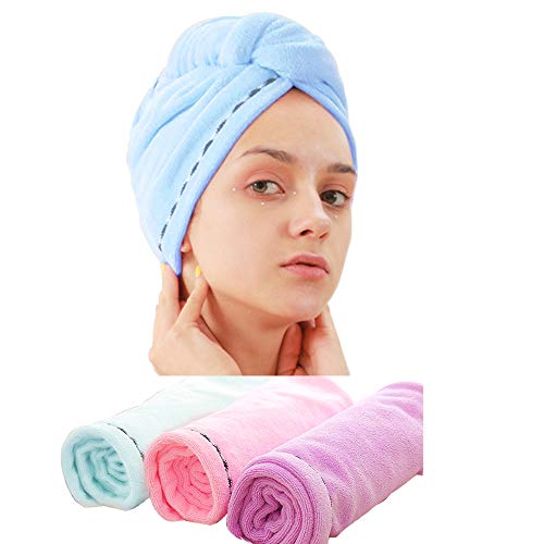 3 Pack Microfiber Hair Towel Wrap BEoffer Super Absorbent Twist Turban Fast Drying Hair Caps with Buttons Bath Loop Fasten Salon Dry Hair Hat Pink Blue Purple