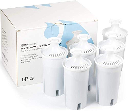 Replacement Water Filters 6pc Set Fits Brita Pitchers & Dispensers by Max Strength Pro, 6 Month Filter Supply, BPA Free, Fits Brita Classic, Mavea Classic, Atlantis, Bella, Slim, Soho & More! (6pc)