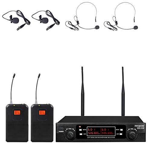 innopow 80-Channel Dual UHF Wireless Microphone System,inp Cordless mic Set, 2 Headset& 2 Lapel Lavalier Microphone, Long Distance 200-240Ft Prevent Interference,16 Hours Use for Church, Weddings