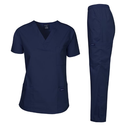 Dagacci Medical Uniform Woman and Man Scrub Set Unisex Medical Scrub Top and Pant, Navy, S