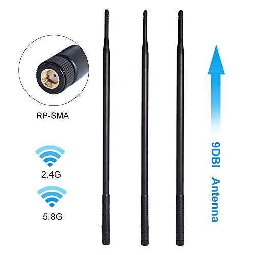 9dBi 2.4GHz 5.8GHz Dual Band WiFi Antenna 3-Pack, Omni-Directional Wireless Antenna with RP-SMA Connector for Wireless Network Router, PCI/PCIe Card, USB Adapter, IP Camera