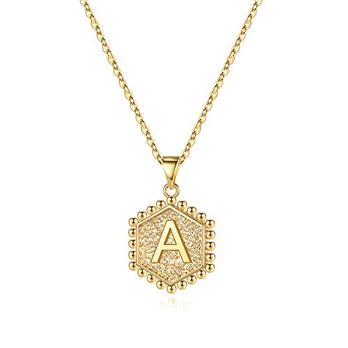 M MOOHAM Hexagon Gold Initial A Necklaces for Women, 14K Gold Plated Dainty Letter Charm Necklaces Personalized Gold Initial Necklaces for Women Teen Girls Jewelry Gifts