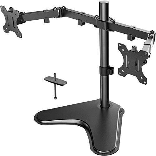 Dual Monitor Stand, Free Standing Height Adjustable Two Arm Monitor Mount for Two 13 to 32 inch Flat Curved LCD Screens with Swivel and Tilt, 17.6lbs per Arm by HUANUO