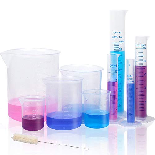 APLANET 4 Transparent Plastic Graduated Cylinders, 10ml, 25ml, 50ml, 100ml, with 5 Plastic Beakers and 1 Test Tube Brush, Ideal for Home and School Science Lab