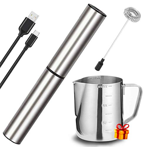 Electric Milk/Coffee Frother, Basecent Rechargeable Handheld Foam Maker/Mixer for Latte, Cappuccino, Frappe Drink, Hot Chocolate, Stainless Steel Silver