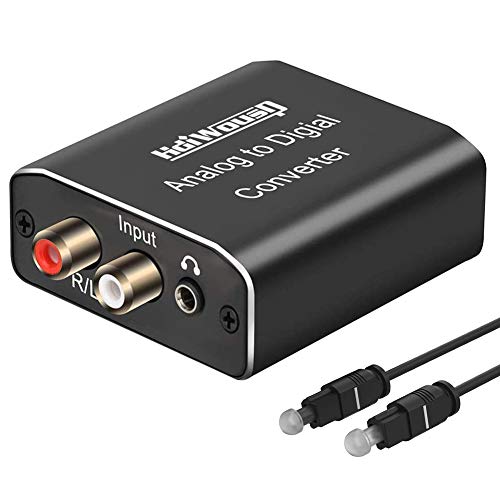 Analog to Digital Audio Converter, Hdiwousp RCA R/L or 3.5mm Jack AUX to Digital Coaxial Toslink Optical SPDIF Audio Aluminum Adapter Support Dual Ports Output with Optical Cable and Power Adapter