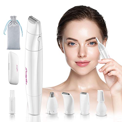 Electric Trimmer Epilator for Women, 4 in 1 Hair Removal, Facial Eyebrow Trimmer Nose Ear Hair Remover Bikini Razor, Battery-Operated Body Shaver with Replacement Heads