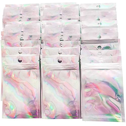 100PCS Resealable Smell Proof Bags Aluminum Foil Pouch Bag 3 x 4 Inch Flat Reclosable Mylar Ziplock Bag for Party Favor Food Storage Coffee Candy Foil Grip Seal Wrap, Holographic Color