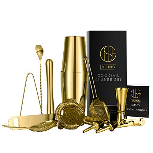 Soing 15-Piece Gold Cocktail Shaker Bar Set,Stainless Steel Bar Tools,Perfect Home Bartender Kit,Velvet Carry Bag & Cocktail Recipes Booklet Included